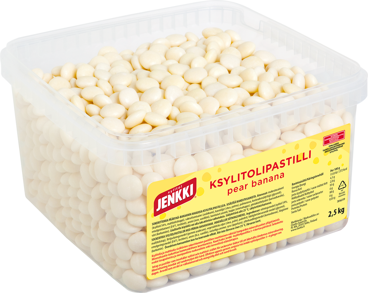 Jenkki Enjoy 2,5 kg Päärynä-Banaani -ksylitolipastillien suurpakkaus